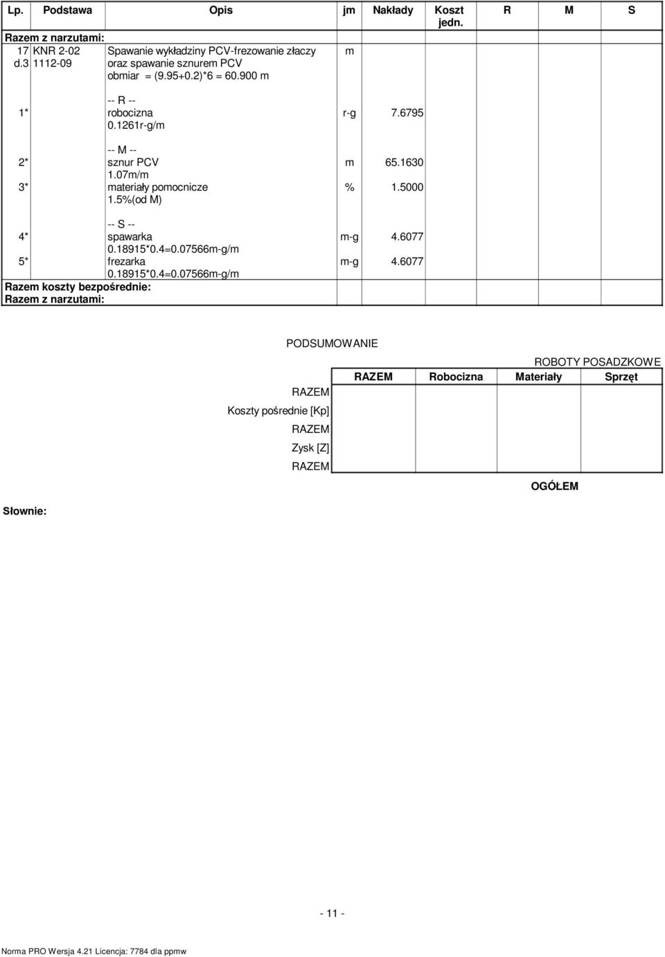 2)*6 = 60.900 m m 0.1261r-g/m 2* sznur PCV 1.07m/m 3* materia y pomocnicze 4* spawarka 0.18915*0.4=0.