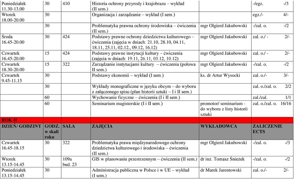 10, 28.10, 04.11, 18.11, 25.11, 02.12., 09.12, 16.12) 15 424 Podstawy prawne instytucji kultury ćwiczenia mgr Olgierd Jakubowski zal. o./ - 2/- (zajęcia w dniach: 19.11, 26.11, 03.12, 10.