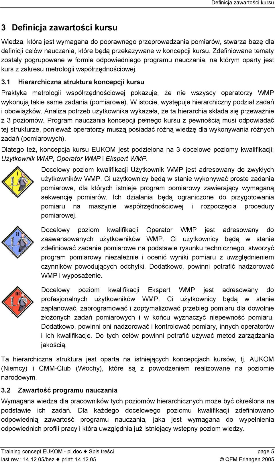 1 Hierarchiczna struktura koncepcji kursu Praktyka metrologii współrzędnościowej pokazuje, że nie wszyscy operatorzy WMP wykonują takie same zadania (pomiarowe).