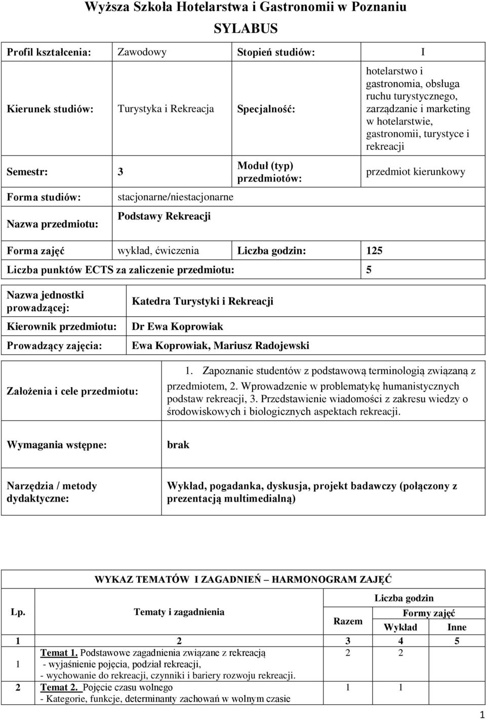 obsługa ruchu turystycznego, zarządzanie i marketing w hotelarstwie, gastronomii, turystyce i rekreacji przedmiot kierunkowy Nazwa jednostki prowadzącej: Kierownik przedmiotu: Prowadzący zajęcia: