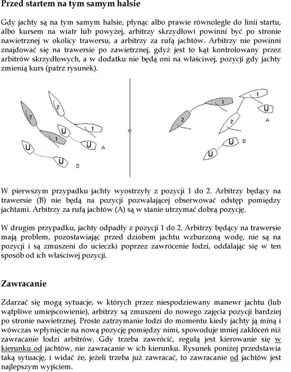 Arbitrzy nie powinni znajdować się na trawersie po zawietrznej, gdyż jest to kąt kontrolowany przez arbitrów skrzydłowych, a w dodatku nie będą oni na właściwej, pozycji gdy jachty zmienią kurs