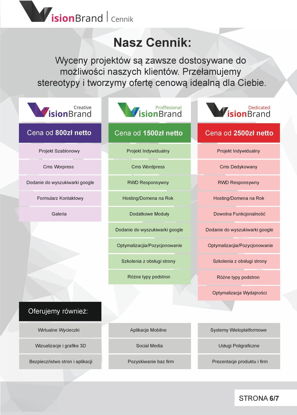 Dodanie do wyszukiwarki google RWD Responsywny RWD Responsywny Formularz Kontaktowy Hosting/Domena na Rok Hosting/Domena na Rok Galeria Dodatkowe Moduły Dowolna Funkcjonalność Dodanie do wyszukiwarki