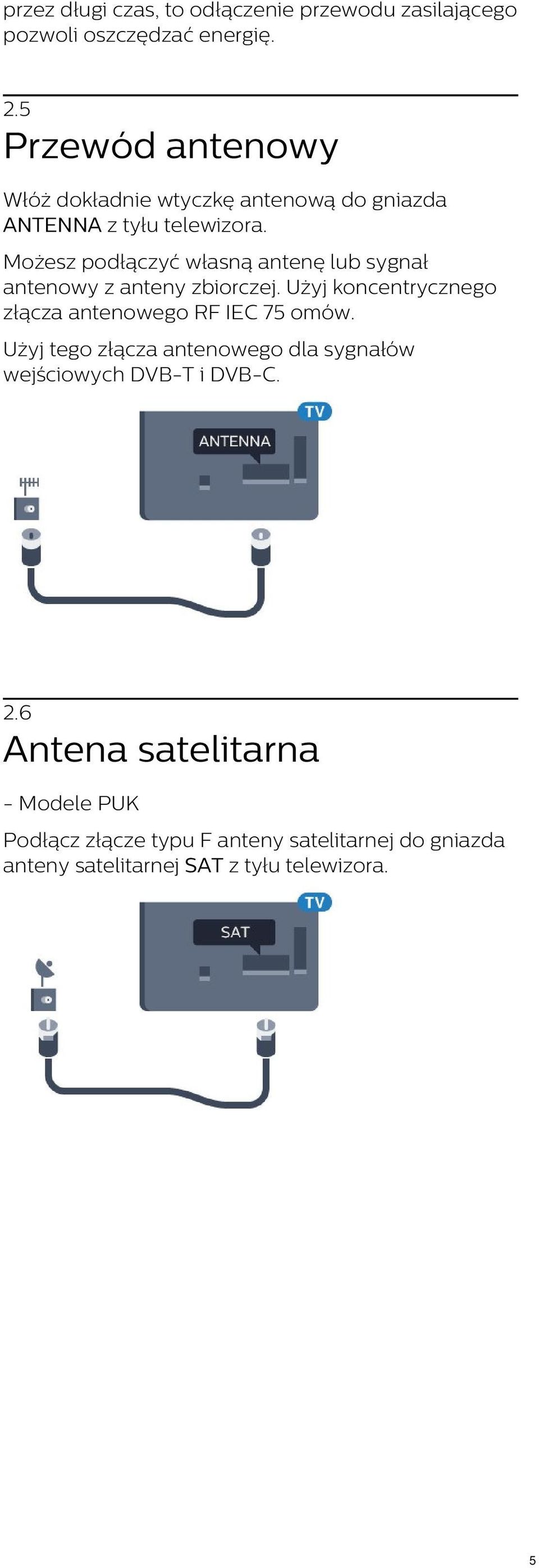 Możesz podłączyć własną antenę lub sygnał antenowy z anteny zbiorczej. Użyj koncentrycznego złącza antenowego RF IEC 75 omów.