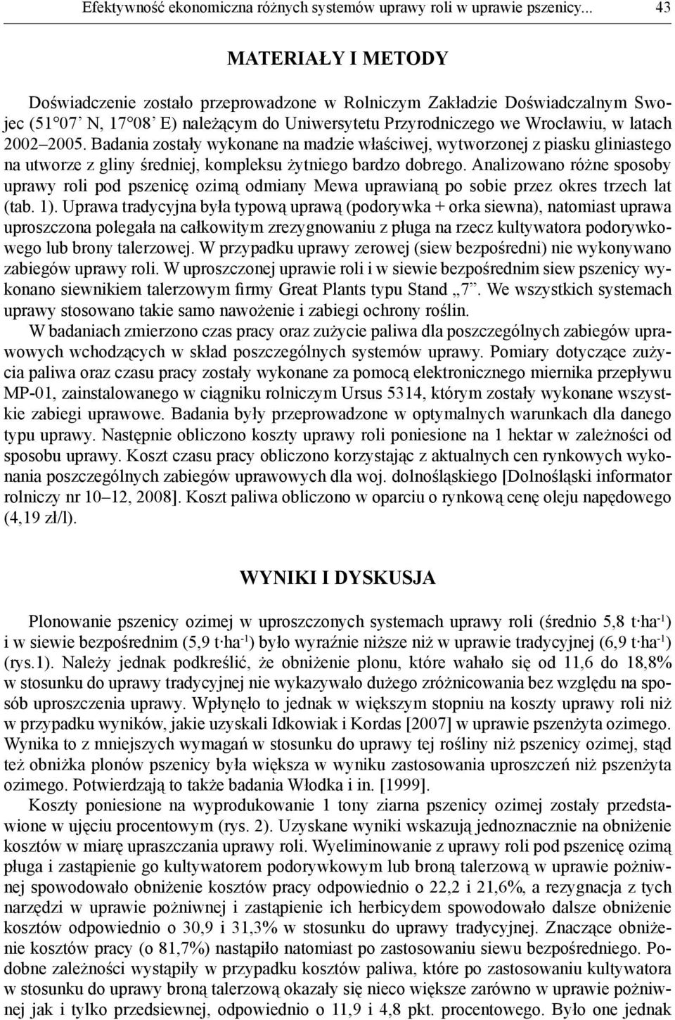 Badania zostały wykonane na madzie właściwej, wytworzonej z piasku gliniastego na utworze z gliny średniej, kompleksu żytniego bardzo dobrego.