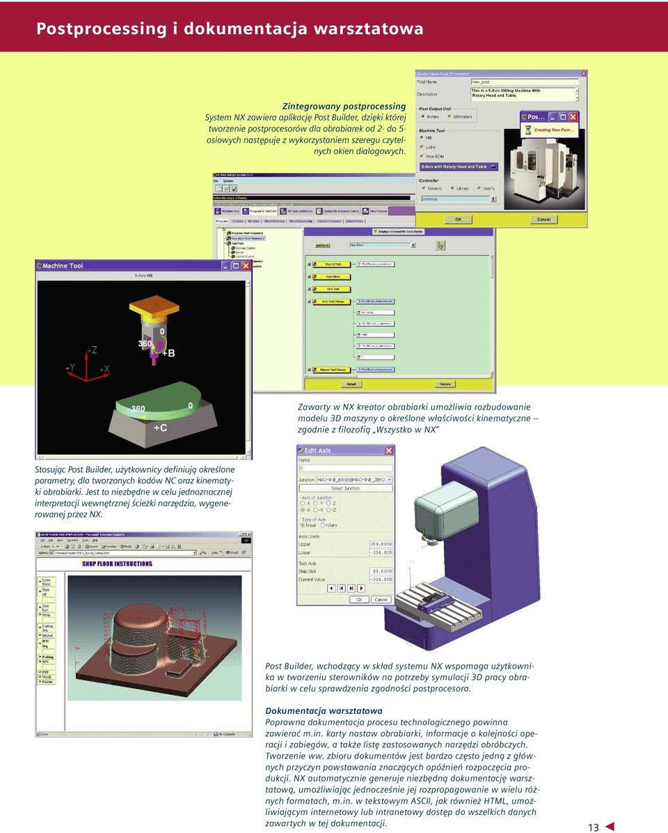 Zawarty w NX kreator obrabiarki umożliwia rozbudowanie modelu 3D maszyny o określone właściwości kinematyczne zgodnie z filozofią Wszystko w NX Stosując Post Builder, użytkownicy definiują określone