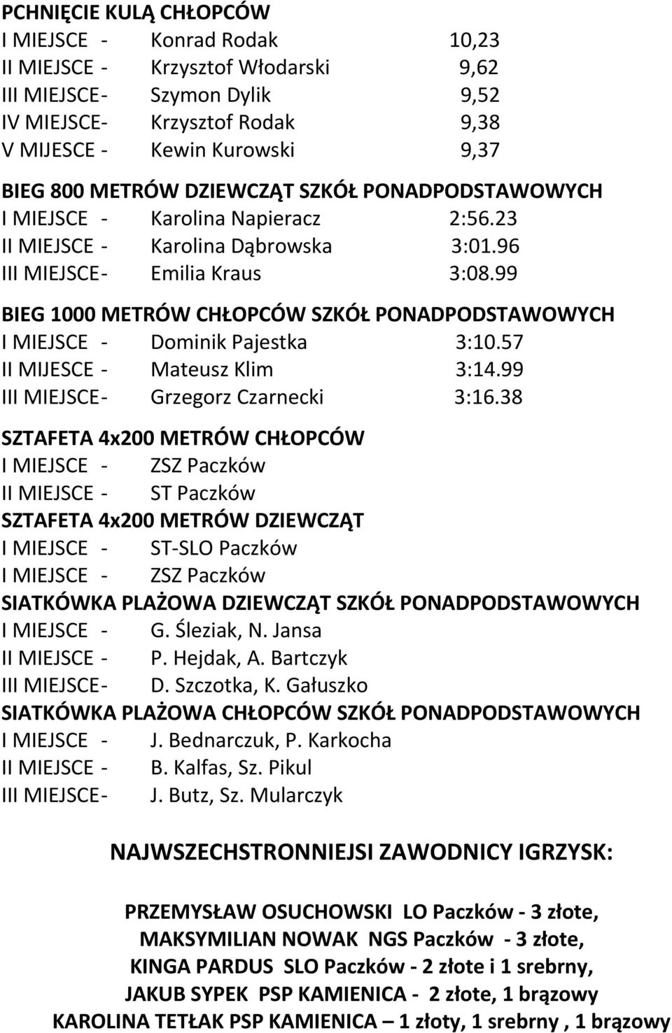 99 BIEG 1000 METRÓW CHŁOPCÓW SZKÓŁ PONADPODSTAWOWYCH I MIEJSCE - Dominik Pajestka 3:10.57 II MIJESCE - Mateusz Klim 3:14.99 III MIEJSCE- Grzegorz Czarnecki 3:16.