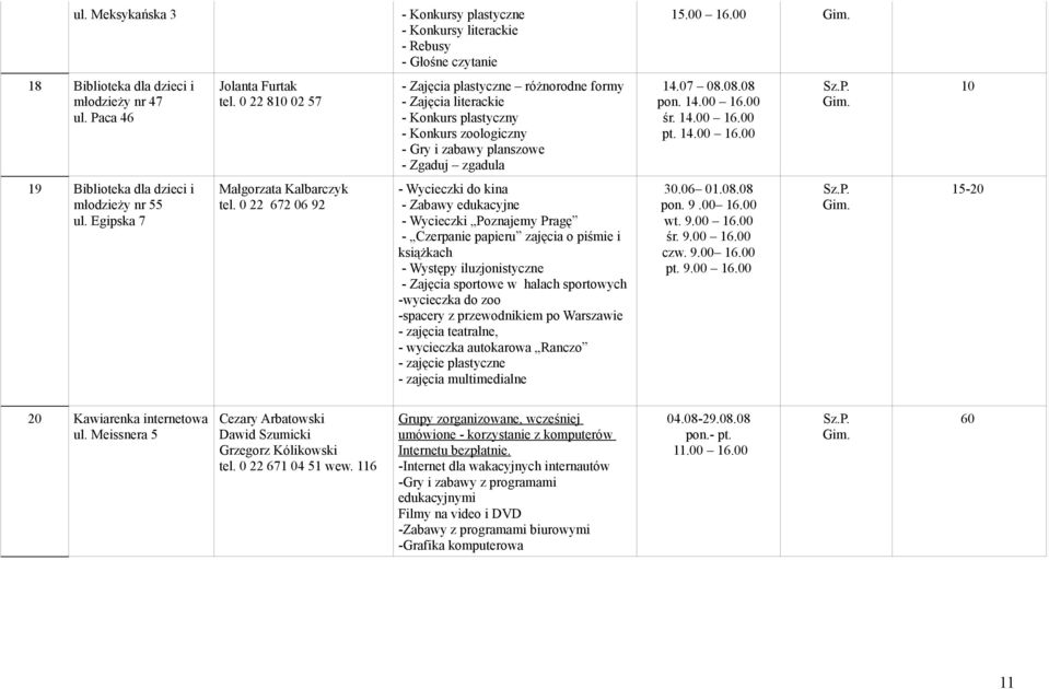 0 22 672 06 92 - Zajęcia plastyczne różnorodne formy - Zajęcia literackie - Konkurs plastyczny - Konkurs zoologiczny - Gry i zabawy planszowe - Zgaduj zgadula - Wycieczki do kina - Zabawy edukacyjne