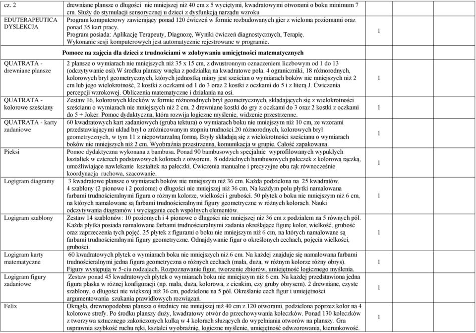 ponad 35 kart pracy. Program posiada: Aplikację Terapeuty, Diagnozę, Wyniki ćwiczeń diagnostycznych, Terapię. Wykonanie sesji komputerowych jest automatycznie rejestrowane w programie.