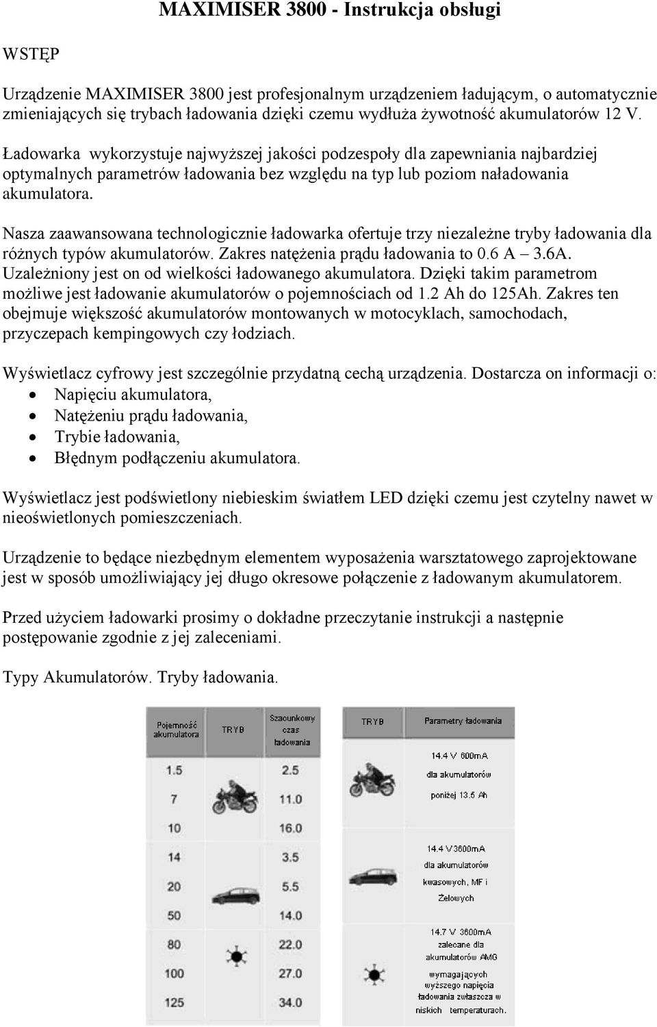 Nasza zaawansowana technologicznie ładowarka ofertuje trzy niezależne tryby ładowania dla różnych typów akumulatorów. Zakres natężenia prądu ładowania to 0.6 A 3.6A.