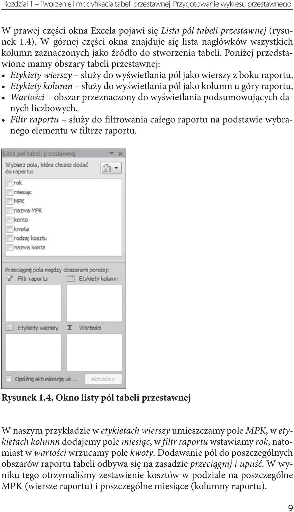 Poniżej przedstawione mamy obszary tabeli przestawnej: Etykiety wierszy służy do wyświetlania pól jako wierszy z boku raportu, Etykiety kolumn służy do wyświetlania pól jako kolumn u góry raportu,