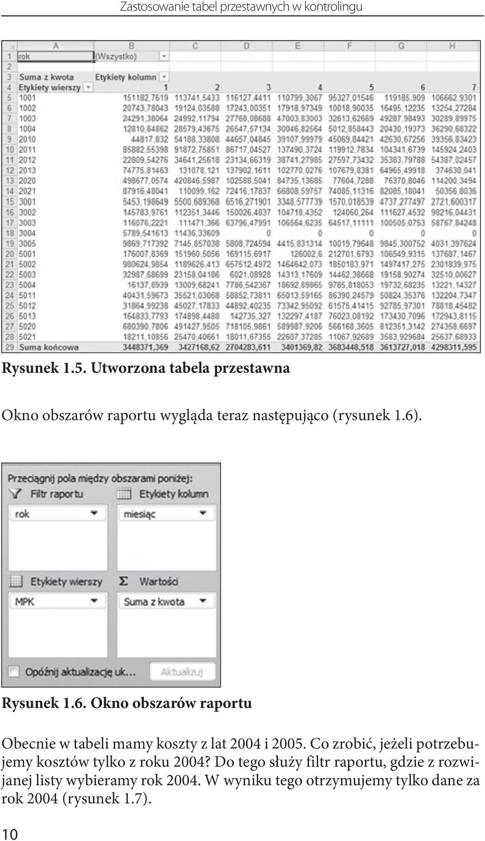 . Rysunek 1.6. Okno obszarów raportu Obecnie w tabeli mamy koszty z lat 2004 i 2005.