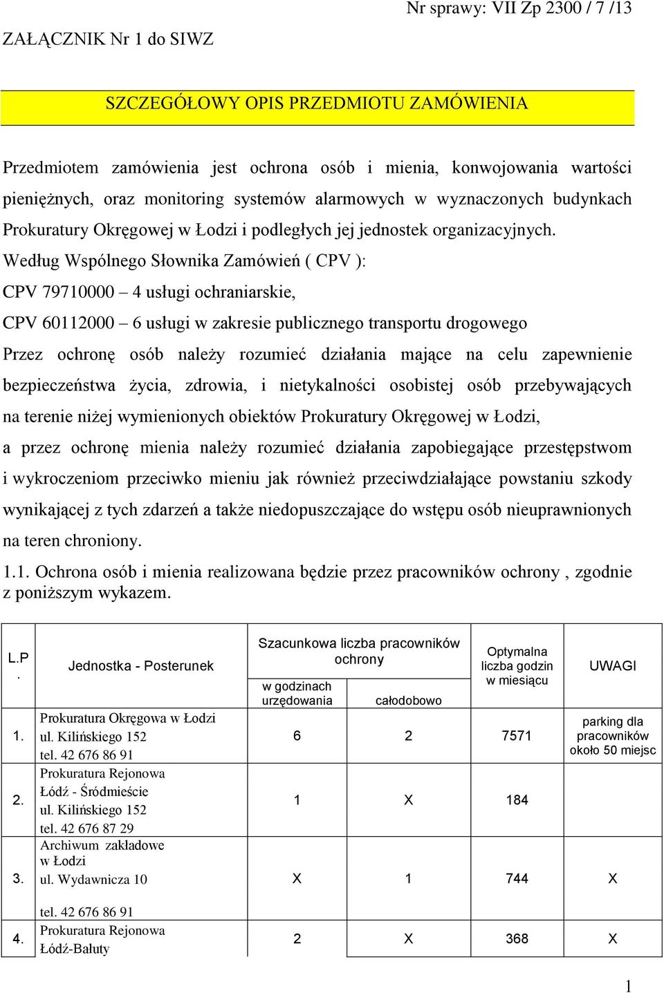 Według Wspólnego Słownika Zamówień ( CPV ): CPV 79710000 4 usługi ochraniarskie, CPV 60112000 6 usługi w zakresie publicznego transportu drogowego Przez ochronę osób należy rozumieć działania mające