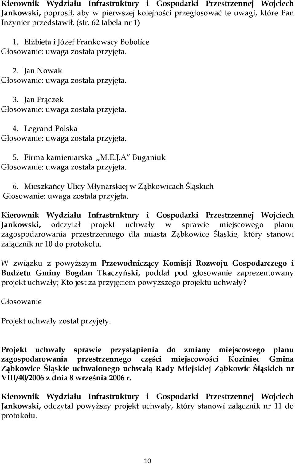 Legrand Polska Głosowanie: uwaga została przyjęta. 5. Firma kamieniarska M.E.J.A Buganiuk Głosowanie: uwaga została przyjęta. 6.