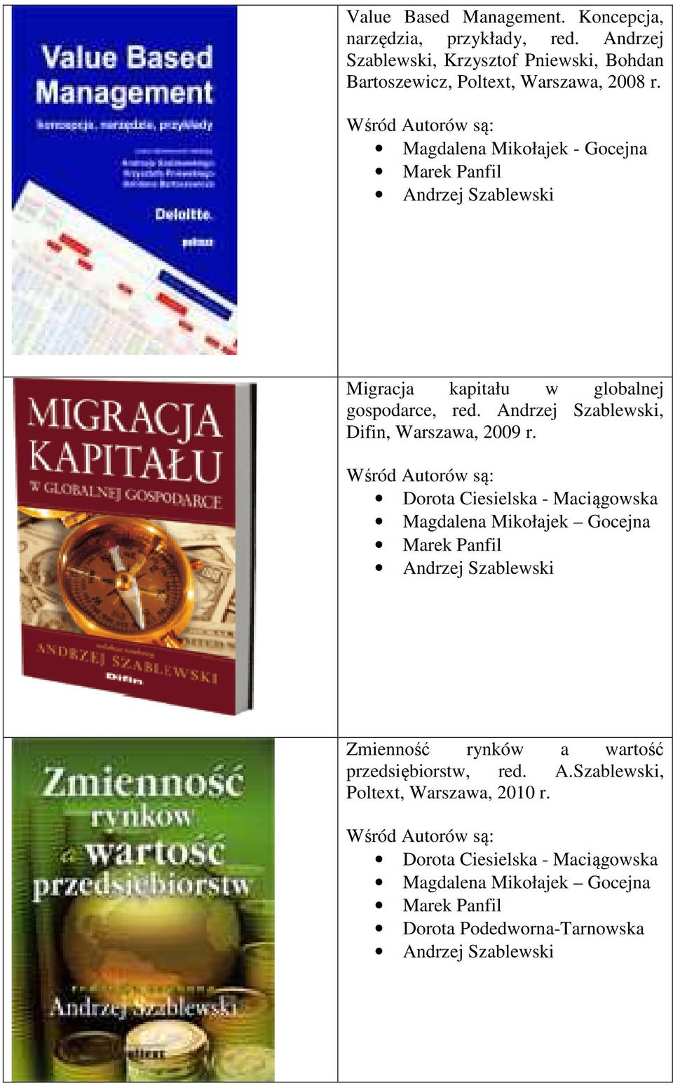 Magdalena Mikołajek - Gocejna Migracja kapitału w globalnej gospodarce, red. Andrzej Szablewski, Difin, Warszawa, 2009 r.