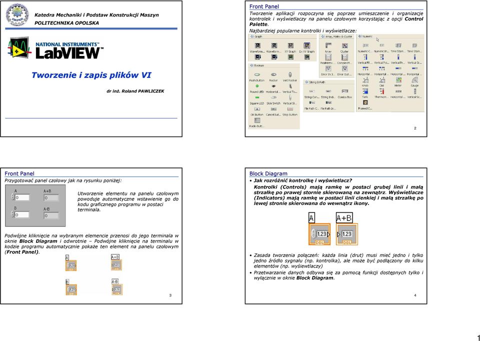 . Roland PAWLICZEK 2 Front Panel Przygotować panel czołowy jak na rysunku poniżej: Utworzenie elementu na panelu czołowym powoduje automatyczne wstawienie go do kodu graficznego programu w postaci