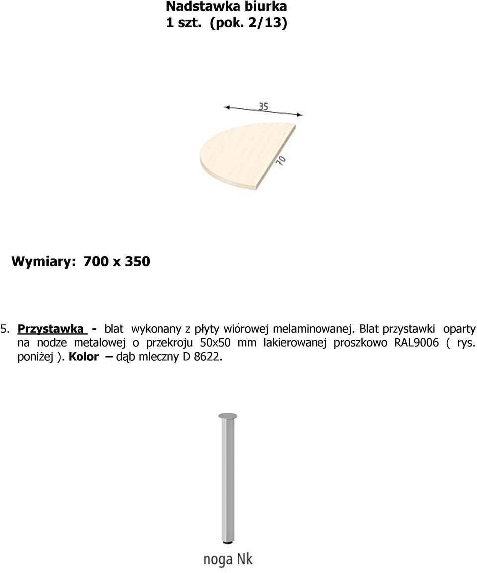 Blat przystawki oparty na nodze metalowej o przekroju 50x50 mm