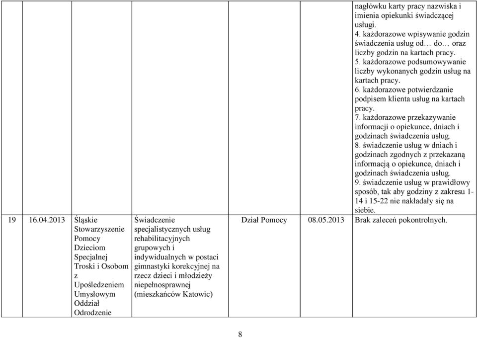 postaci gimnastyki korekcyjnej na rzecz dzieci i młodzieży niepełnosprawnej (mieszkańców Katowic) nagłówku karty pracy nazwiska i imienia opiekunki świadczącej usługi. 4.