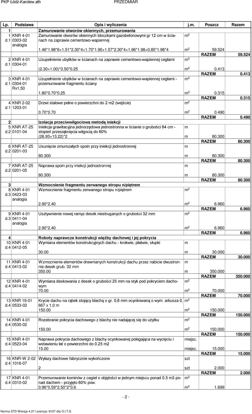 524 2 KNR 4-01 Uzupełnienie ubytków w ścianach na zaprawie ceentowo-wapiennej cegłai 3 d.1 0304-01 (2.30+1.00)*0.50*0.25 3 0.413 RAZEM 0.413 3 KNR 4-01 d.1 0304-01 Rx1,50 4 KNR 2-02 d.
