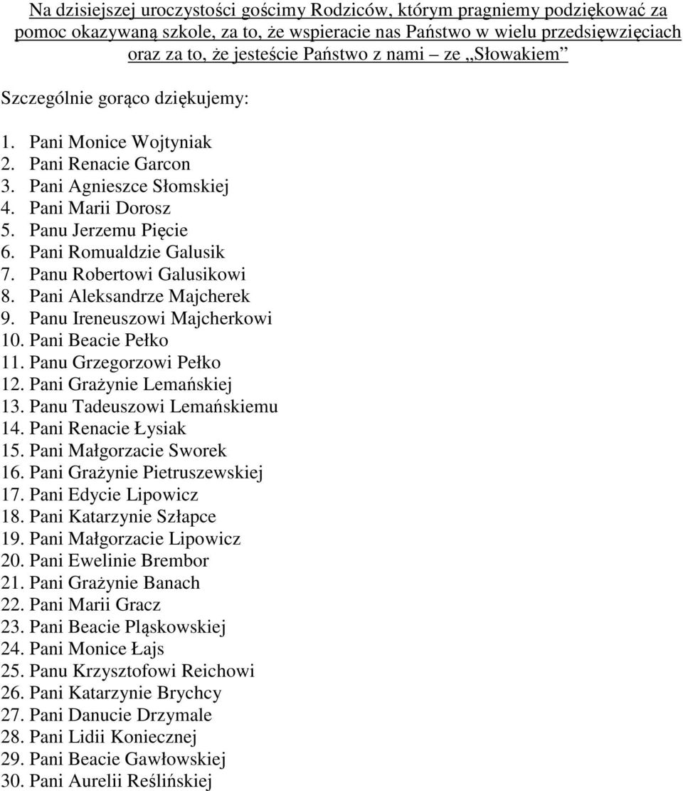 Panu Robertowi Galusikowi 8. Pani Aleksandrze Majcherek 9. Panu Ireneuszowi Majcherkowi 10. Pani Beacie Pełko 11. Panu Grzegorzowi Pełko 12. Pani Grażynie Lemańskiej 13.