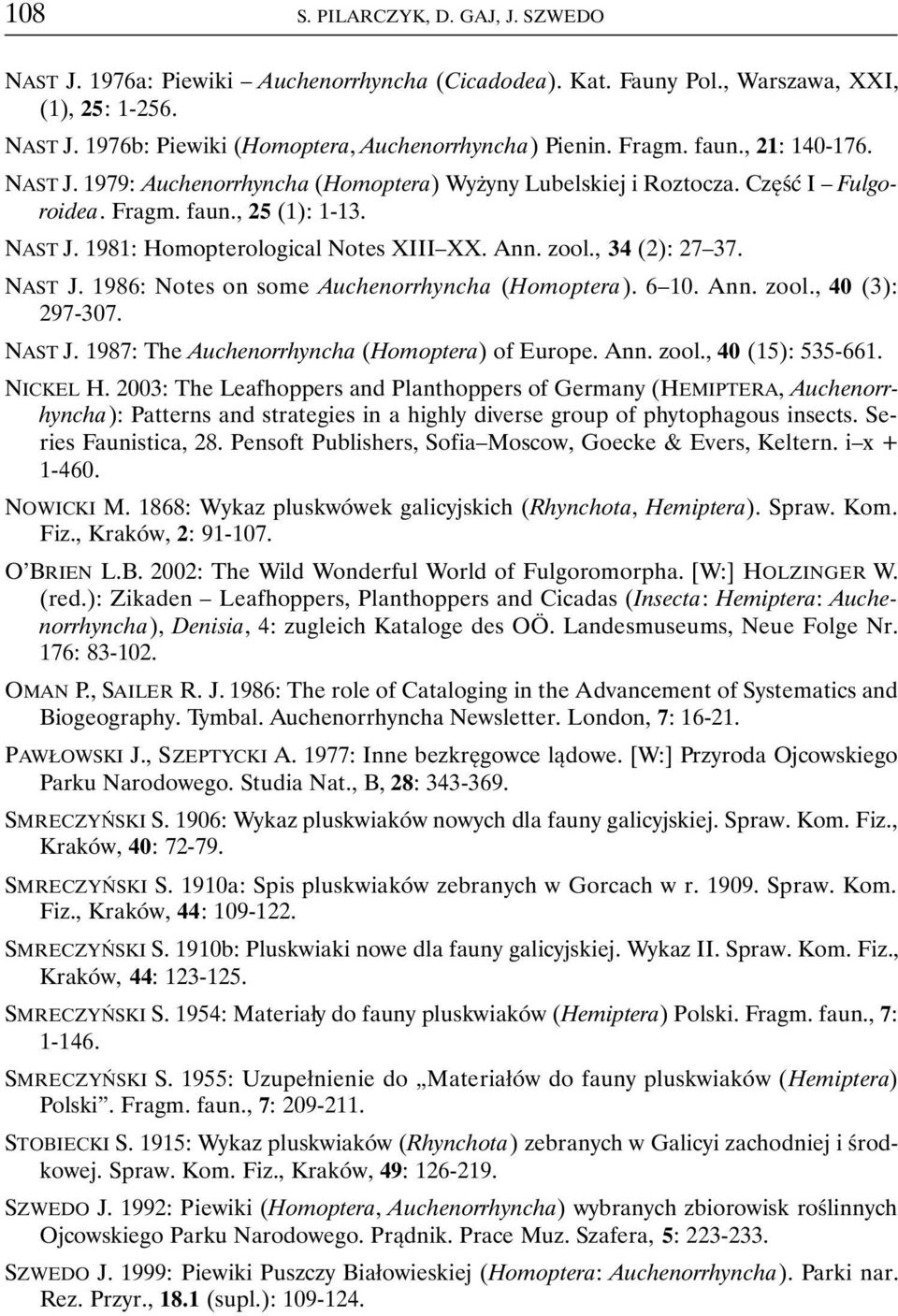 zool., 34 (2): 27 37. NAST J. 1986: Notes on some Auchenorrhyncha (Homoptera). 6 10. Ann. zool., 40 (3): 297-307. NAST J. 1987: The Auchenorrhyncha (Homoptera) of Europe. Ann. zool., 40 (15): 535-661.