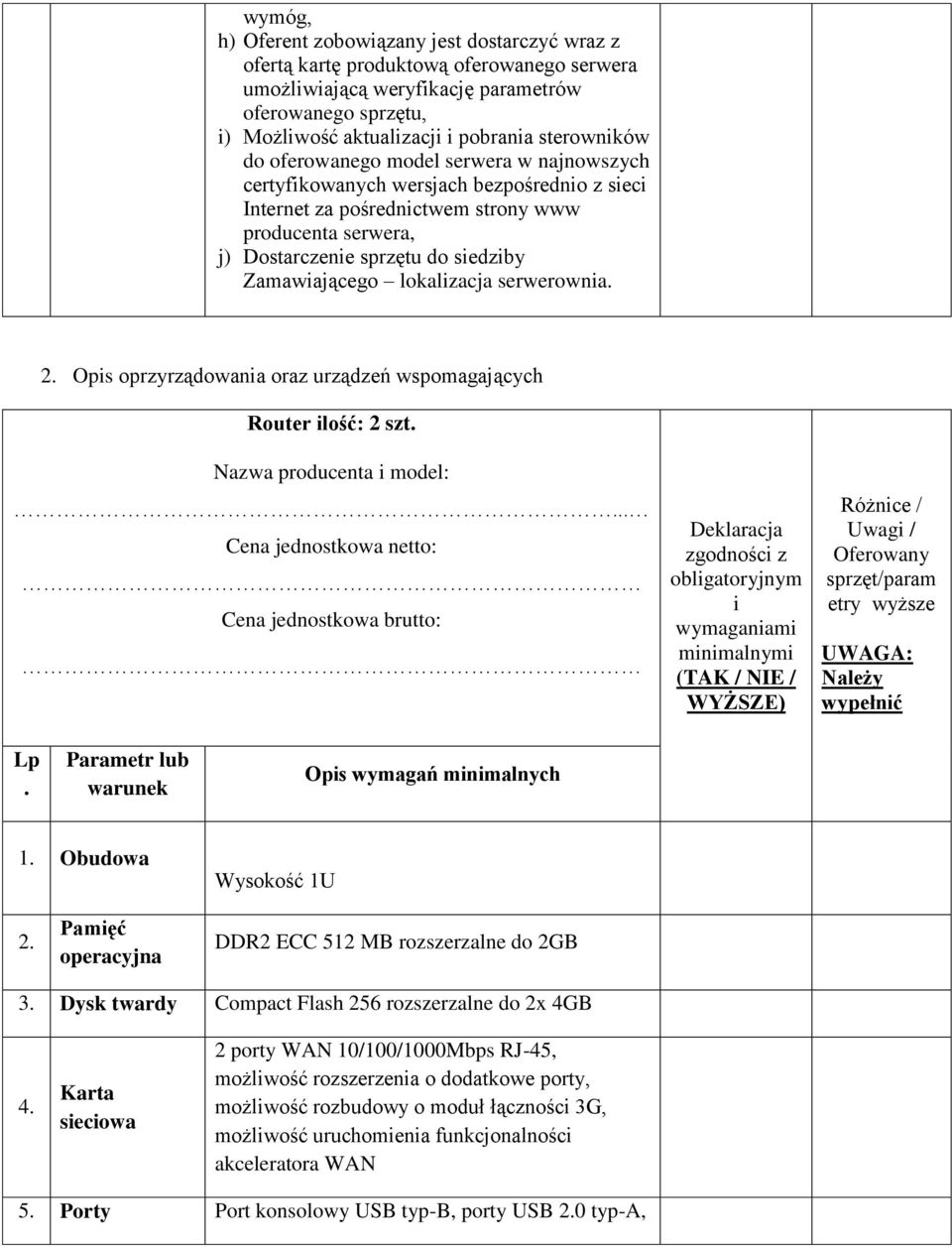 Zamawiającego lokalizacja serwerownia. 2. Opis oprzyrządowania oraz urządzeń wspomagających Router ilość: 2 szt. Nazwa producenta i model:.