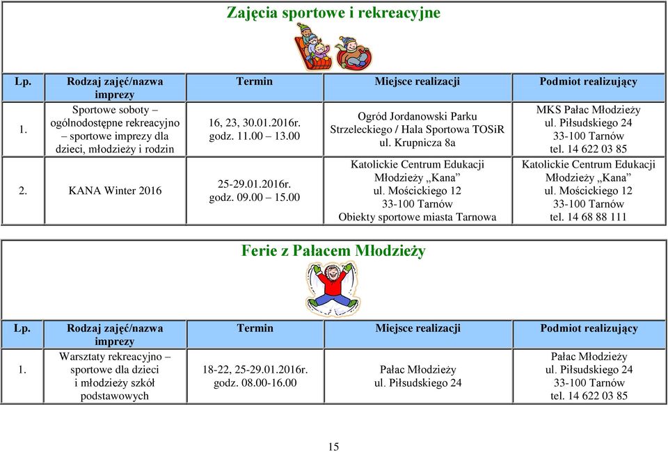 Mościckiego 12 Obiekty sportowe miasta Tarnowa MKS Pałac Młodzieży tel. 14 622 03 85 Katolickie Centrum Edukacji Młodzieży Kana ul. Mościckiego 12 tel.