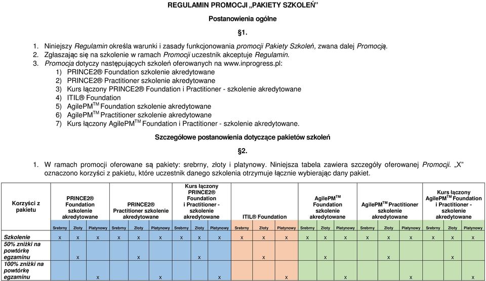 pl: 1) 2) Practitioner 3) Kurs łączony i Practitioner - 4) ITIL 5) AgilePM TM 6) AgilePM TM Practitioner 7) Kurs łączony AgilePM TM i Practitioner -. 1. Szczegółowe postanowienia dotyczące pakietów szkoleń 2.