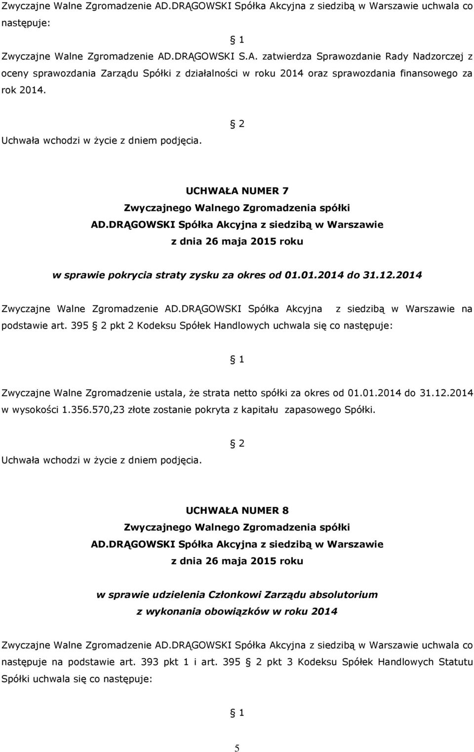 UCHWAŁA NUMER 7 w sprawie pokrycia straty zysku za okres od 01.01.2014 do 31.12.2014 Zwyczajne Walne Zgromadzenie AD.DRĄGOWSKI Spółka Akcyjna podstawie art.