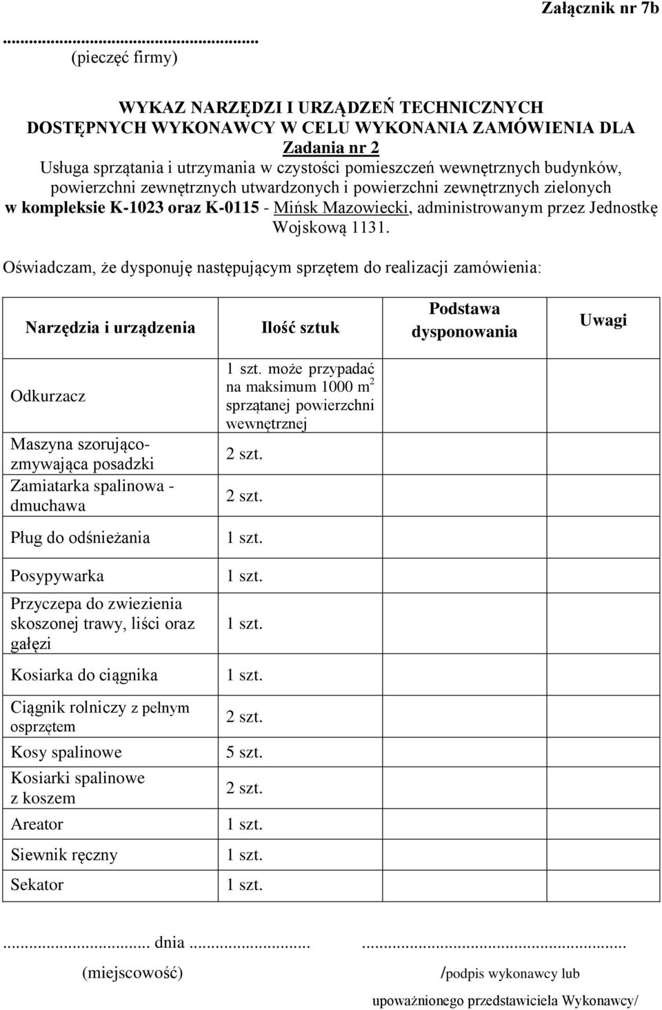 Oświadczam, że dysponuję następującym sprzętem do realizacji zamówienia: Narzędzia i urządzenia Ilość sztuk Podstawa dysponowania Uwagi Maszyna szorującozmywająca posadzki Zamiatarka spalinowa -