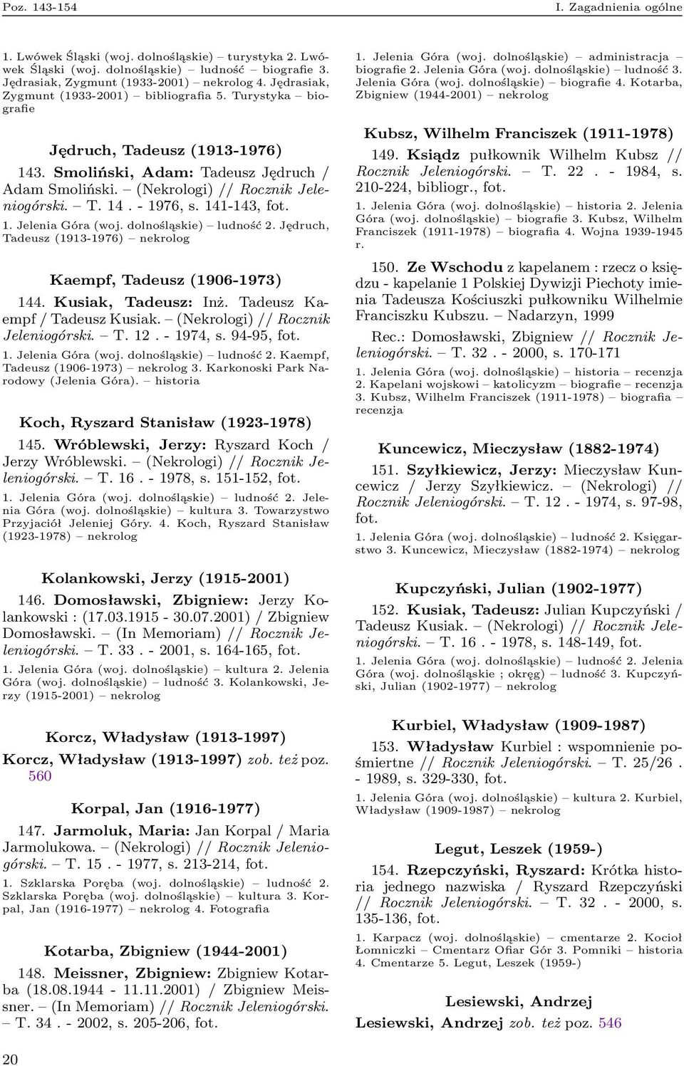 141-143, fot. 1. Jelenia Góra (woj. dolnośląskie) ludność 2. Jędruch, Tadeusz (1913-1976) nekrolog Kaempf, Tadeusz (1906-1973) 144. Kusiak, Tadeusz: Inż. Tadeusz Kaempf / Tadeusz Kusiak.