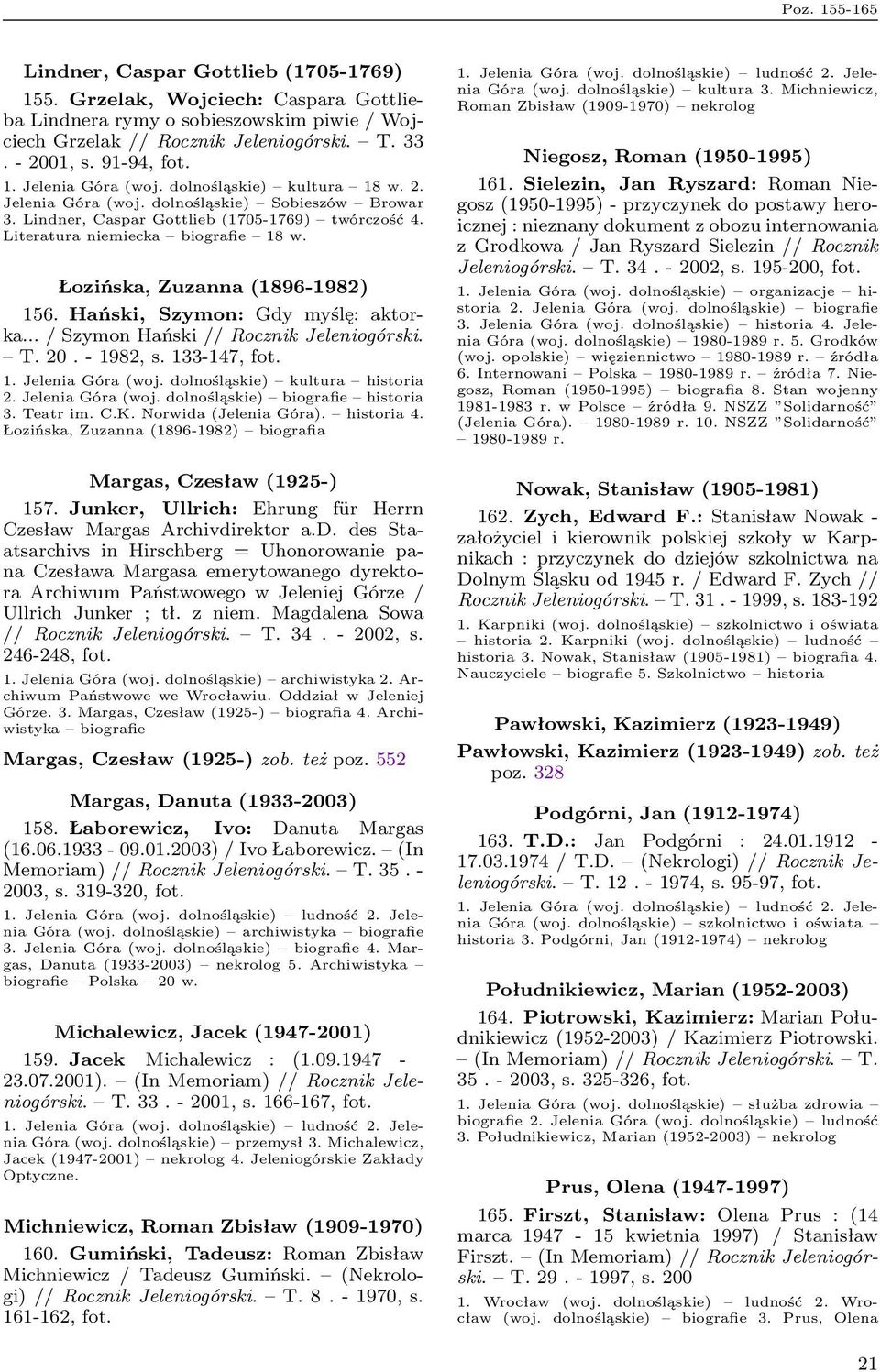 Literatura niemiecka biografie 18 w. Łozińska, Zuzanna (1896-1982) 156. Hański, Szymon: Gdy myślę: aktorka... / Szymon Hański // Rocznik Jeleniogórski. T. 20. - 1982, s. 133-147, fot. 1. Jelenia Góra (woj.