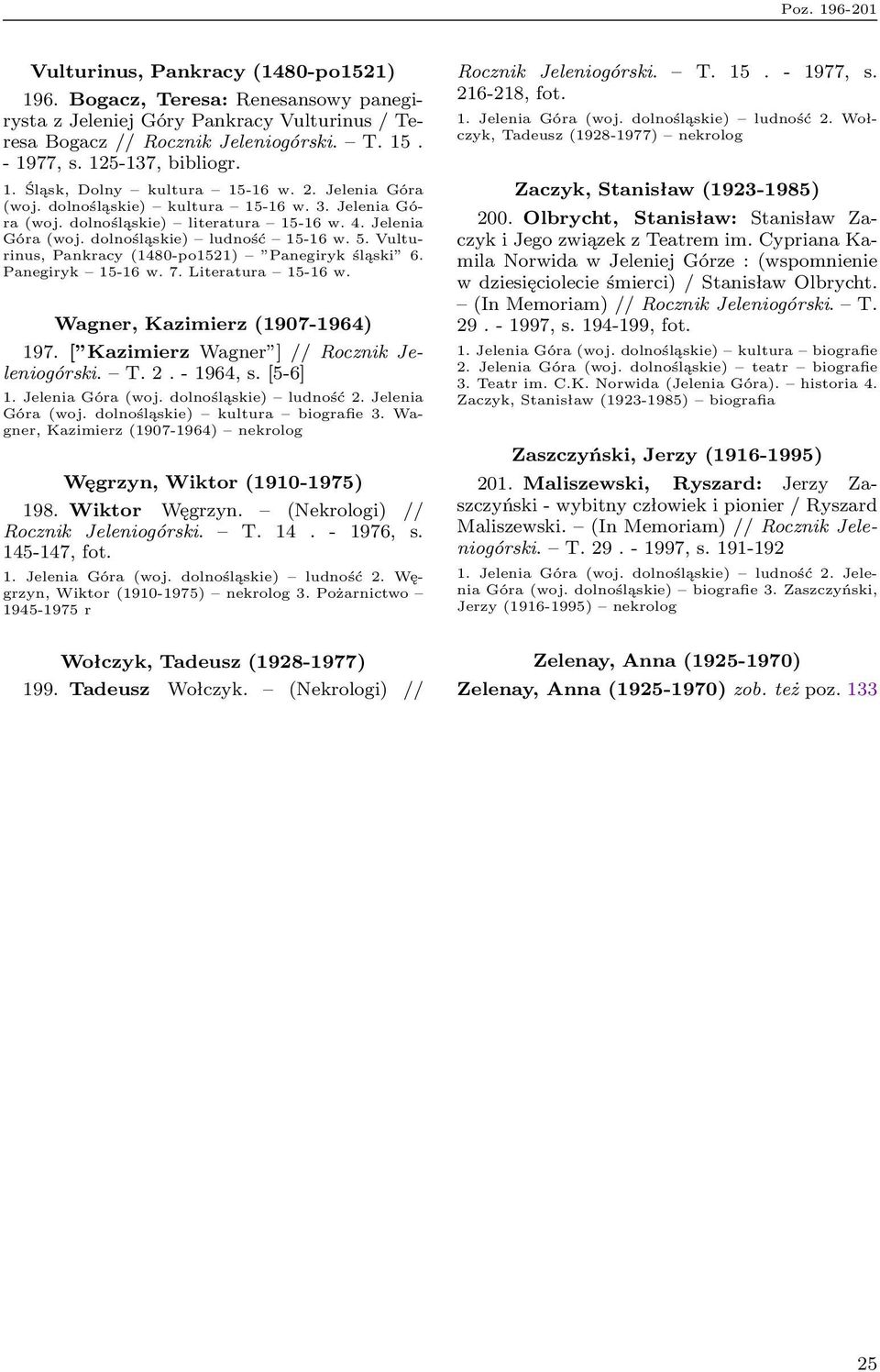 5. Vulturinus, Pankracy (1480-po1521) Panegiryk śląski 6. Panegiryk 15-16 w. 7. Literatura 15-16 w. Wagner, Kazimierz (1907-1964) 197. [ Kazimierz Wagner ] // Rocznik Jeleniogórski. T. 2. - 1964, s.