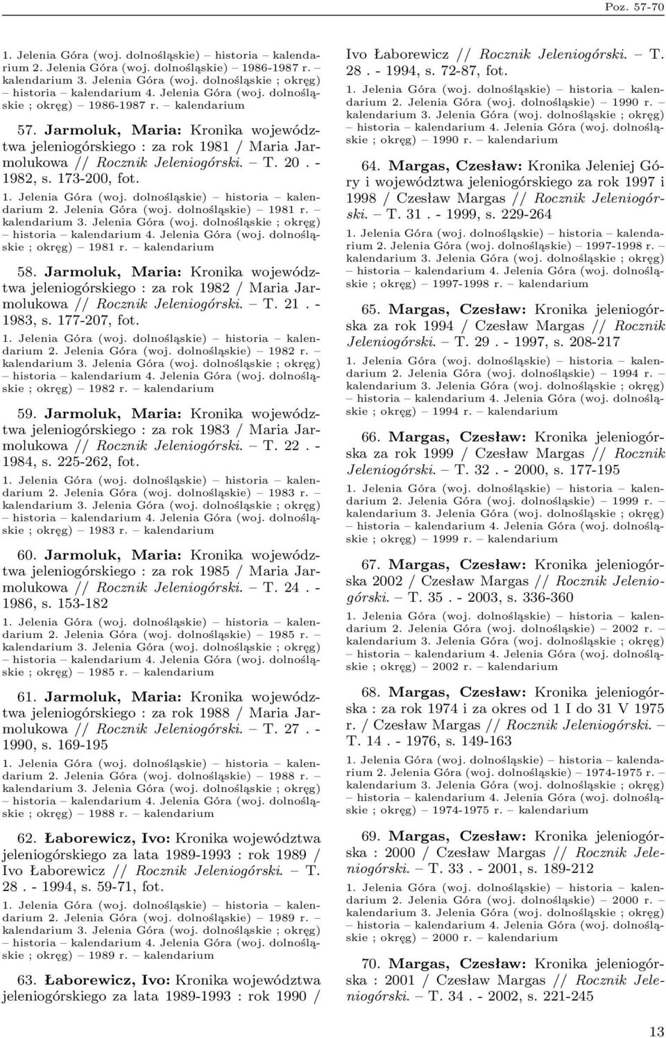 ; okręg) 1981 r. kalendarium 58. Jarmoluk, Maria: Kronika województwa jeleniogórskiego : za rok 1982 / Maria Jarmolukowa // Rocznik Jeleniogórski. T. 21. - 1983, s. 177-207, fot. 2. Jelenia Góra (woj.