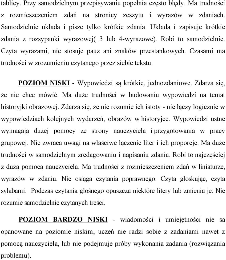 Czasami ma trudności w zrozumieniu czytanego przez siebie tekstu. POZIOM NISKI - Wypowiedzi są krótkie, jednozdaniowe. Zdarza się, że nie chce mówić.