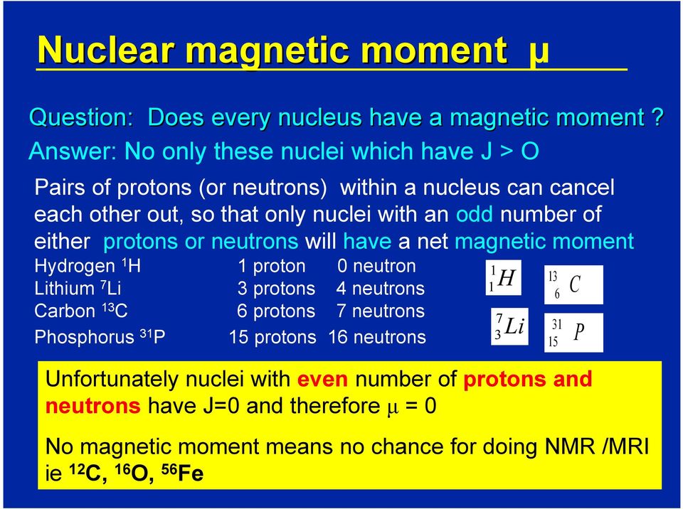 number of either protons or neutrons will have a net magnetic moment Hydrogen 1 H 1 proton 0 neutron Lithium 7 Li 3 protons 4 neutrons Carbon 13 C 6 protons