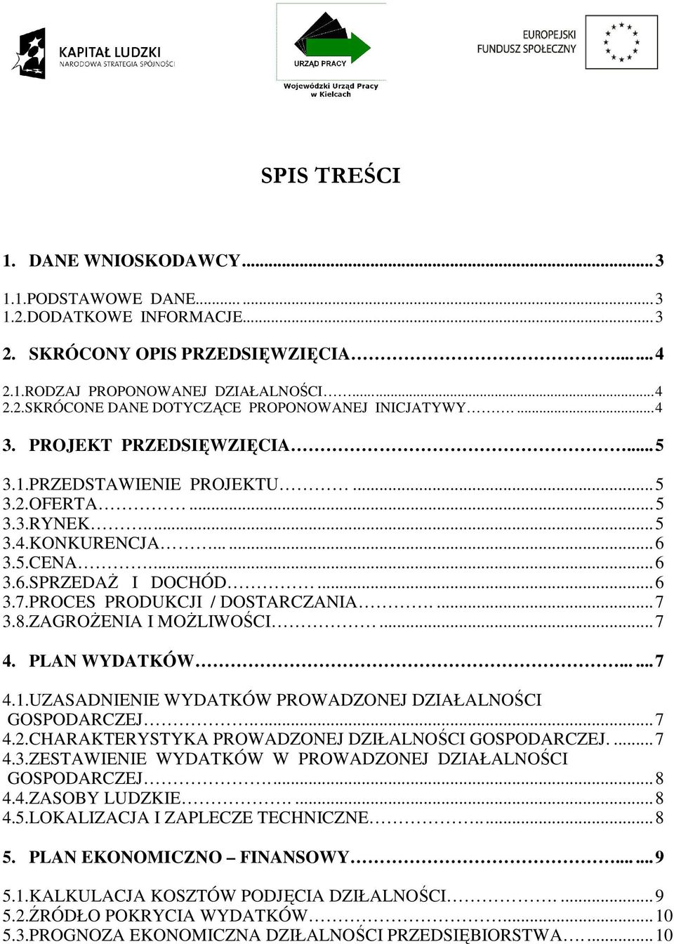 8.ZAGROśENIA I MOśLIWOŚCI...7 4. PLAN WYDATKÓW......7 4.1.UZASADNIENIE WYDATKÓW PROWADZONEJ DZIAŁALNOŚCI GOSPODARCZEJ...7 4.2.CHARAKTERYSTYKA PROWADZONEJ DZIŁALNOŚCI GOSPODARCZEJ....7 4.3.