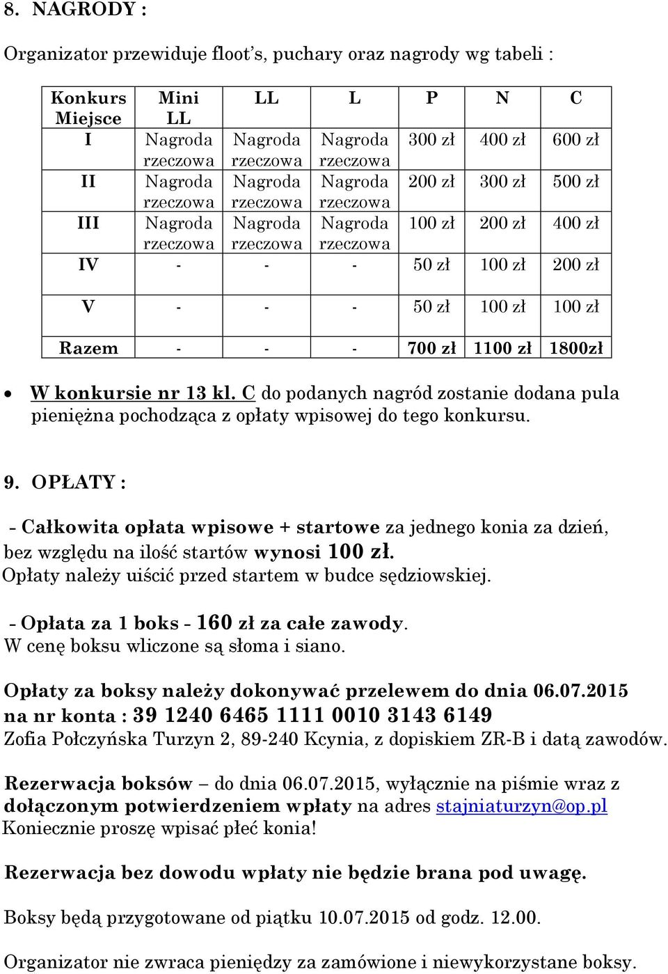 C do podanych nagród zostanie dodana pula pieniężna pochodząca z opłaty wpisowej do tego konkursu. 9.