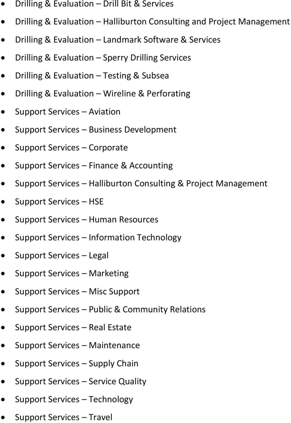 Services Finance & Accounting Support Services Halliburton Consulting & Project Management Support Services HSE Support Services Human Resources Support Services Information Technology Support