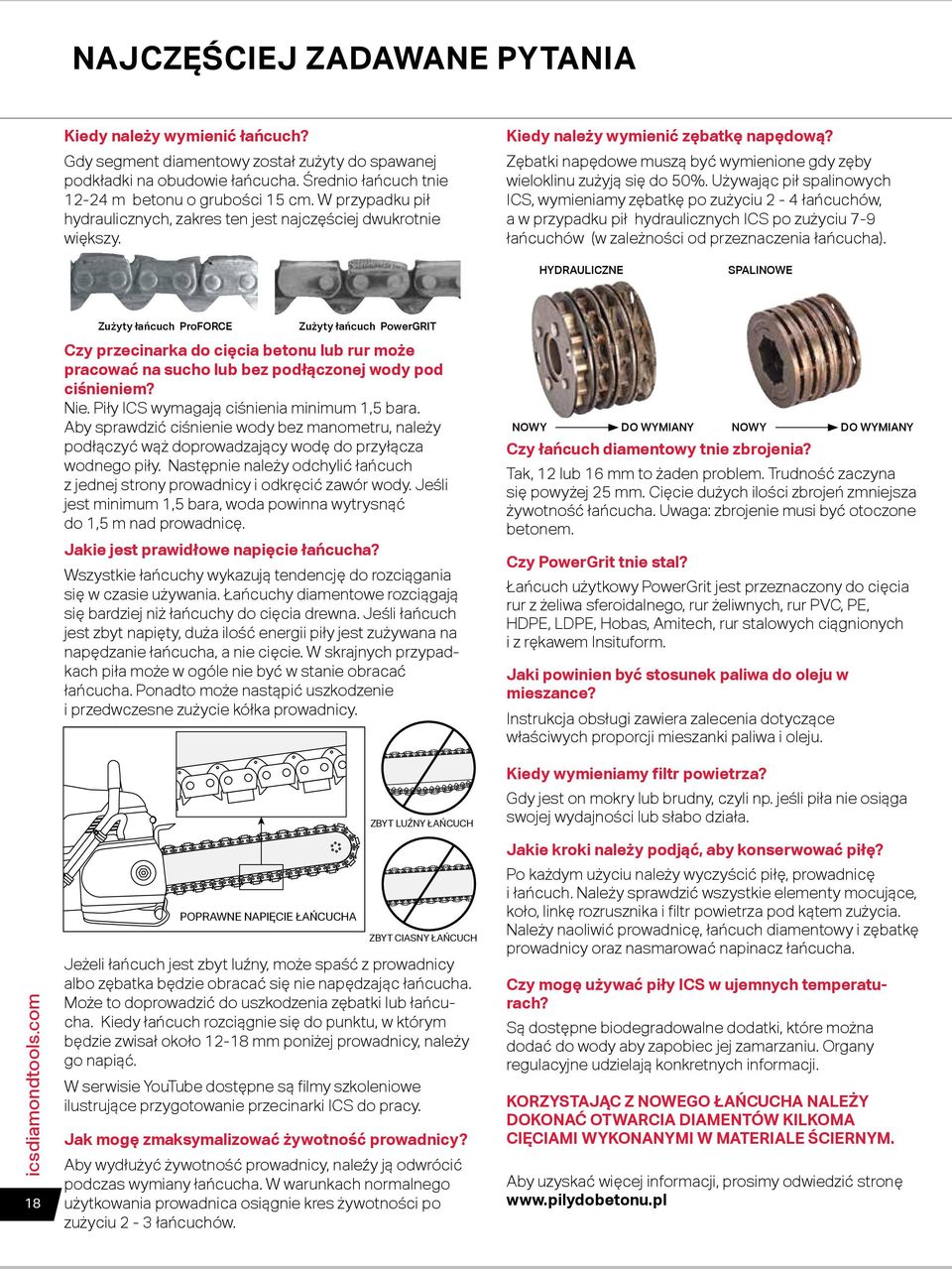 Używając pił spalinowych ICS, wymieniamy zębatkę po zużyciu 2-4 łańcuchów, a w przypadku pił hydraulicznych ICS po zużyciu 7-9 łańcuchów (w zależności od przeznaczenia łańcucha).
