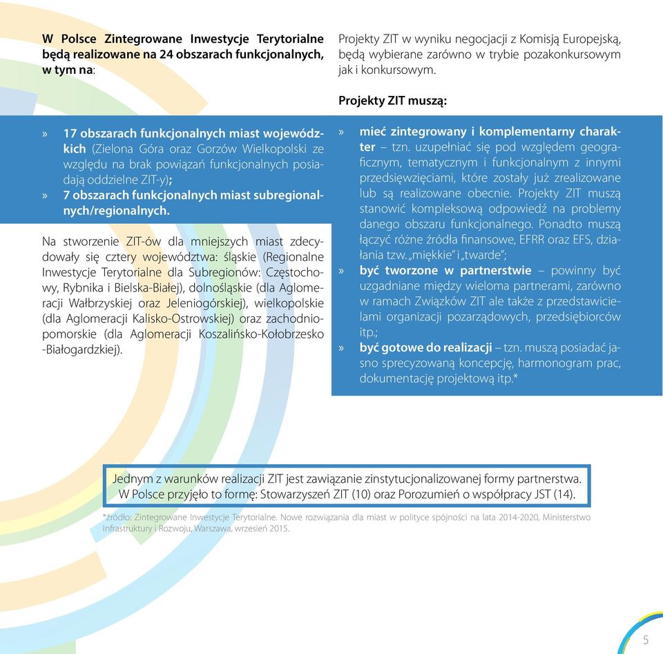 Projekty ZIT muszą: 17 obszarach funkcjonalnych miast wojewódzkich (Zielona Góra oraz Gorzów Wielkopolski ze względu na brak powiązań funkcjonalnych posiadają oddzielne ZIT-y); 7 obszarach