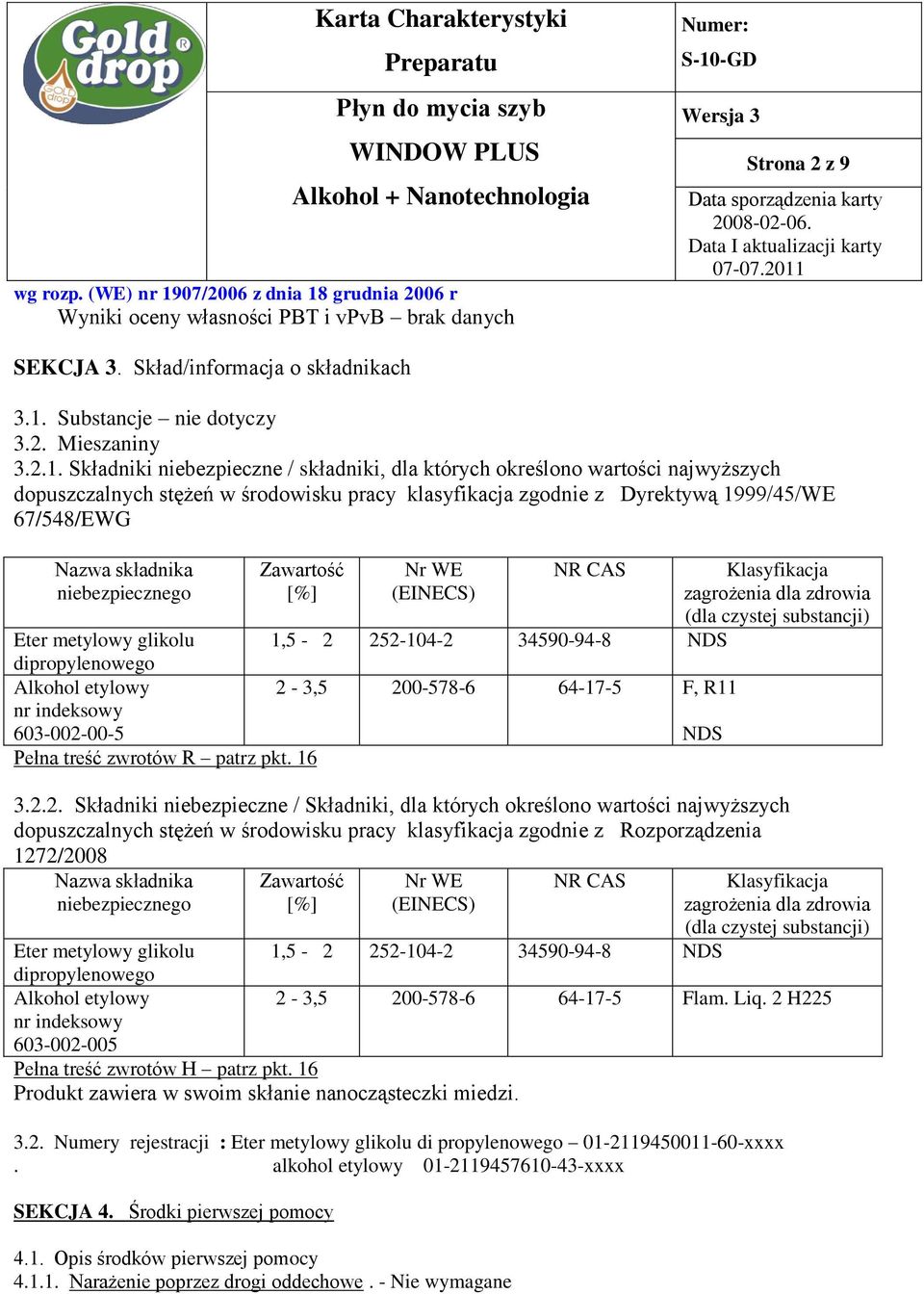Składniki niebezpieczne / składniki, dla których określono wartości najwyższych dopuszczalnych stężeń w środowisku pracy klasyfikacja zgodnie z Dyrektywą 1999/45/WE 67/548/EWG Nazwa składnika