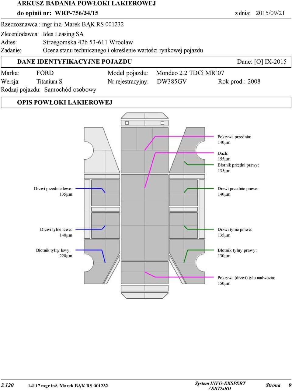 IDENTYFIKACYJNE POJAZDU Marka: FORD Wersja: Titanium S Rodzaj pojazdu: Samochód osobowy Model pojazdu: Nr rejestracyjny: Dane: [O] IX-2015 Mondeo 2.2 TDCi MR`07 DW385GV Rok prod.