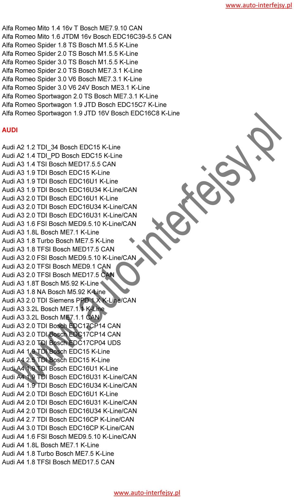 0 TS Bosch ME7.3.1 K-Line Alfa Romeo Sportwagon 1.9 JTD Bosch EDC15C7 K-Line Alfa Romeo Sportwagon 1.9 JTD 16V Bosch EDC16C8 K-Line AUDI Audi A2 1.2 TDI_34 Bosch EDC15 K-Line Audi A2 1.