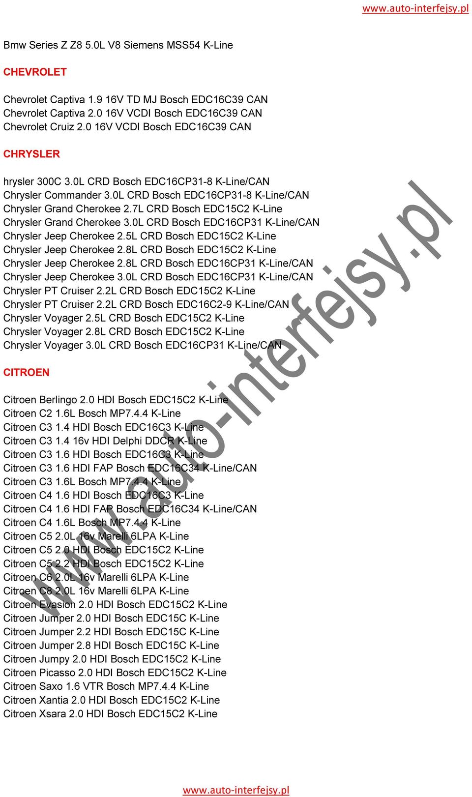 7L CRD Bosch EDC15C2 K-Line Chrysler Grand Cherokee 3.0L CRD Bosch EDC16CP31 K-Line/CAN Chrysler Jeep Cherokee 2.5L CRD Bosch EDC15C2 K-Line Chrysler Jeep Cherokee 2.