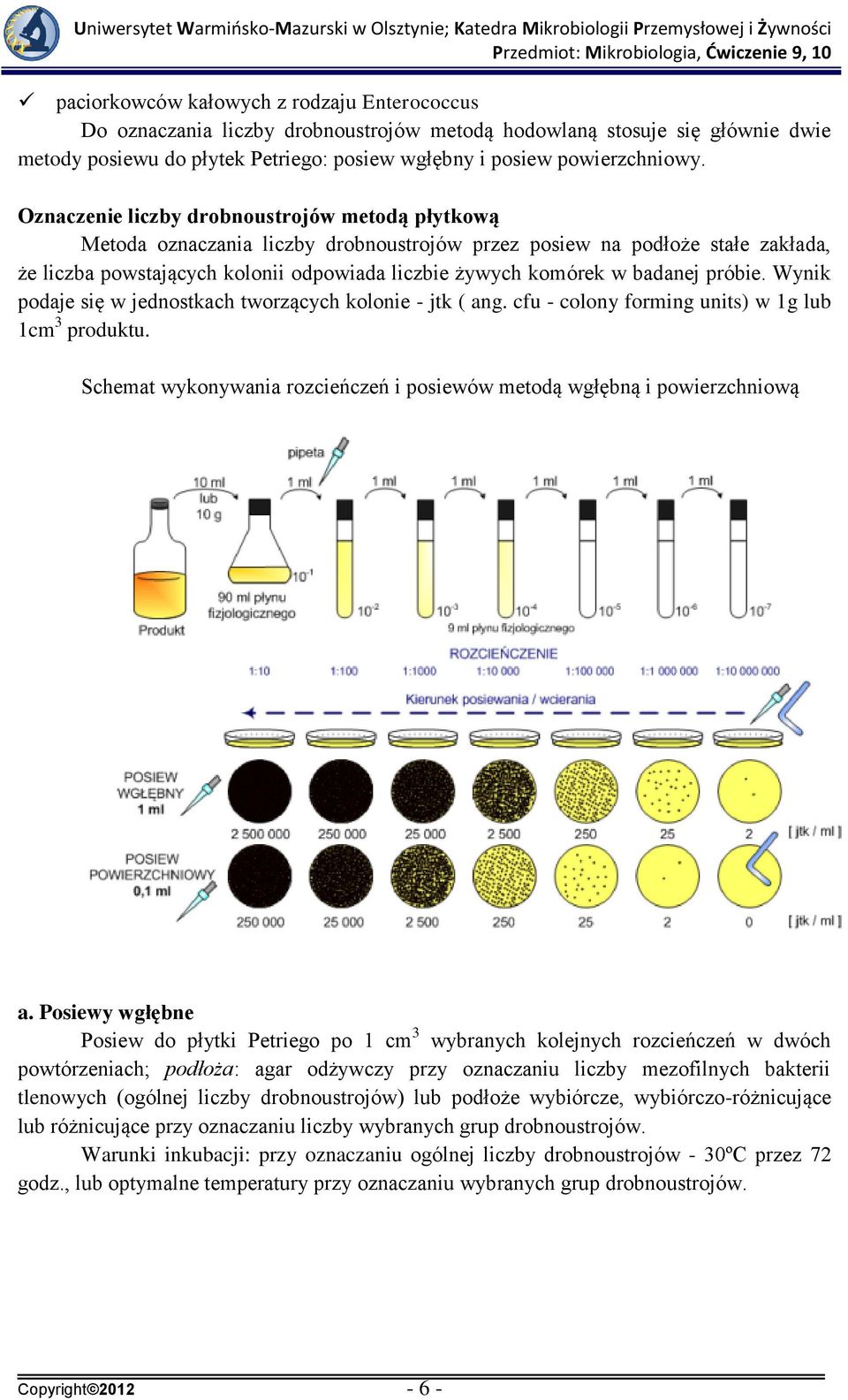 badanej próbie. Wynik podaje się w jednostkach tworzących kolonie - jtk ( ang. cfu - colony forming units) w 1g lub 1cm 3 produktu.