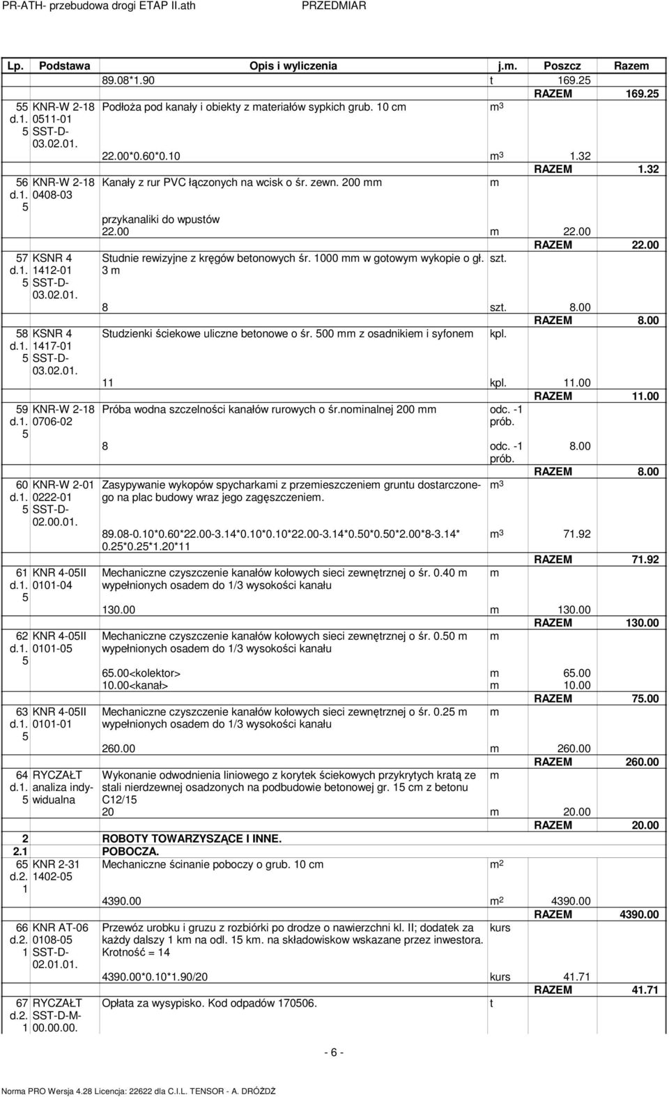 Kanały z rur PVC łączonych na wcisk o śr. zewn. 00 przykanaliki do wpusów.00.00 Sudnie rewizyjne z kręgów beonowych śr. 000 w goowy wykopie o gł. RAZEM.00 8 8.00 RAZEM 8.