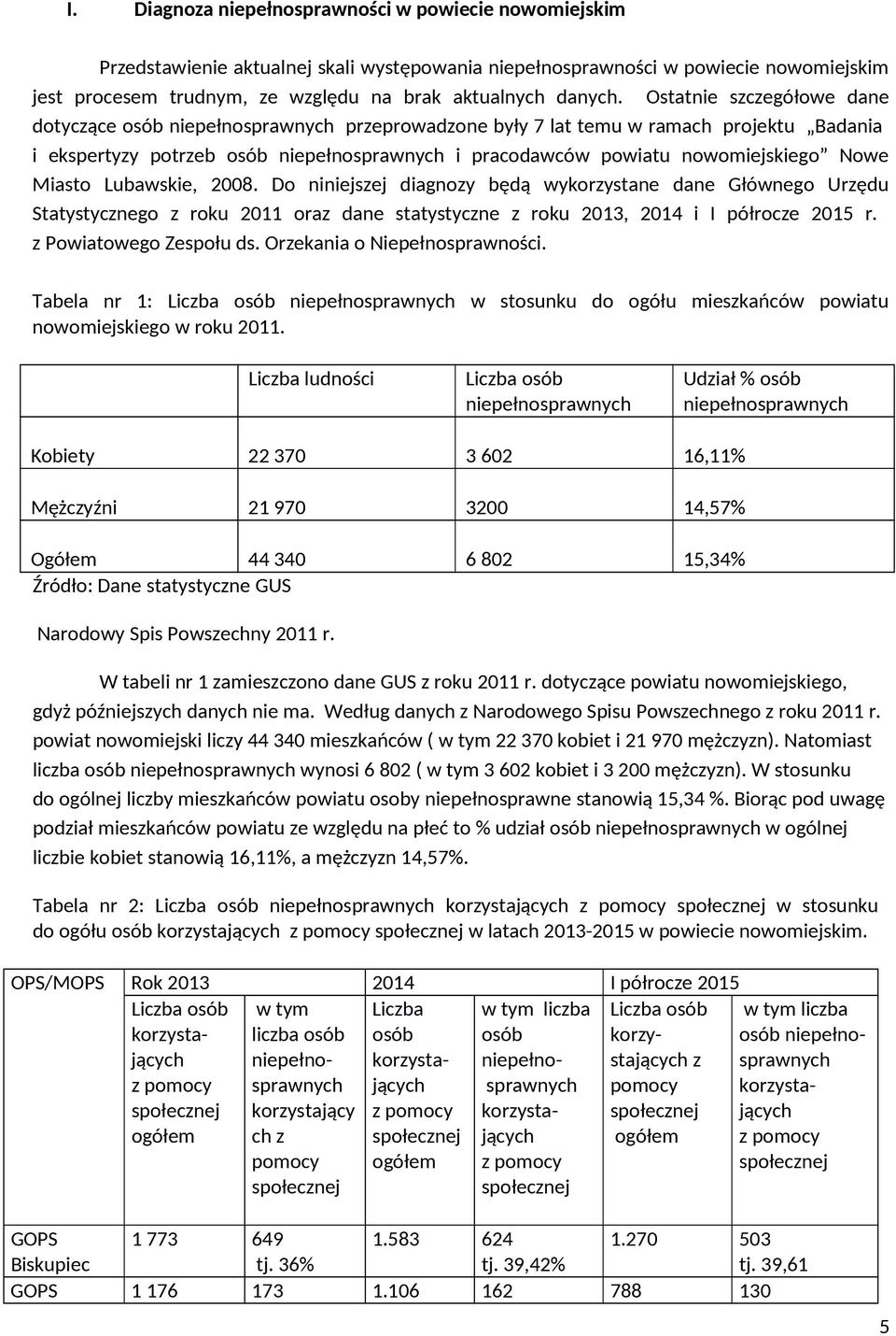 Ostatnie szczegółowe dane dotyczące osób niepełnosprawnych przeprowadzone były 7 lat temu w ramach projektu Badania i ekspertyzy potrzeb osób niepełnosprawnych i pracodawców powiatu nowomiejskiego