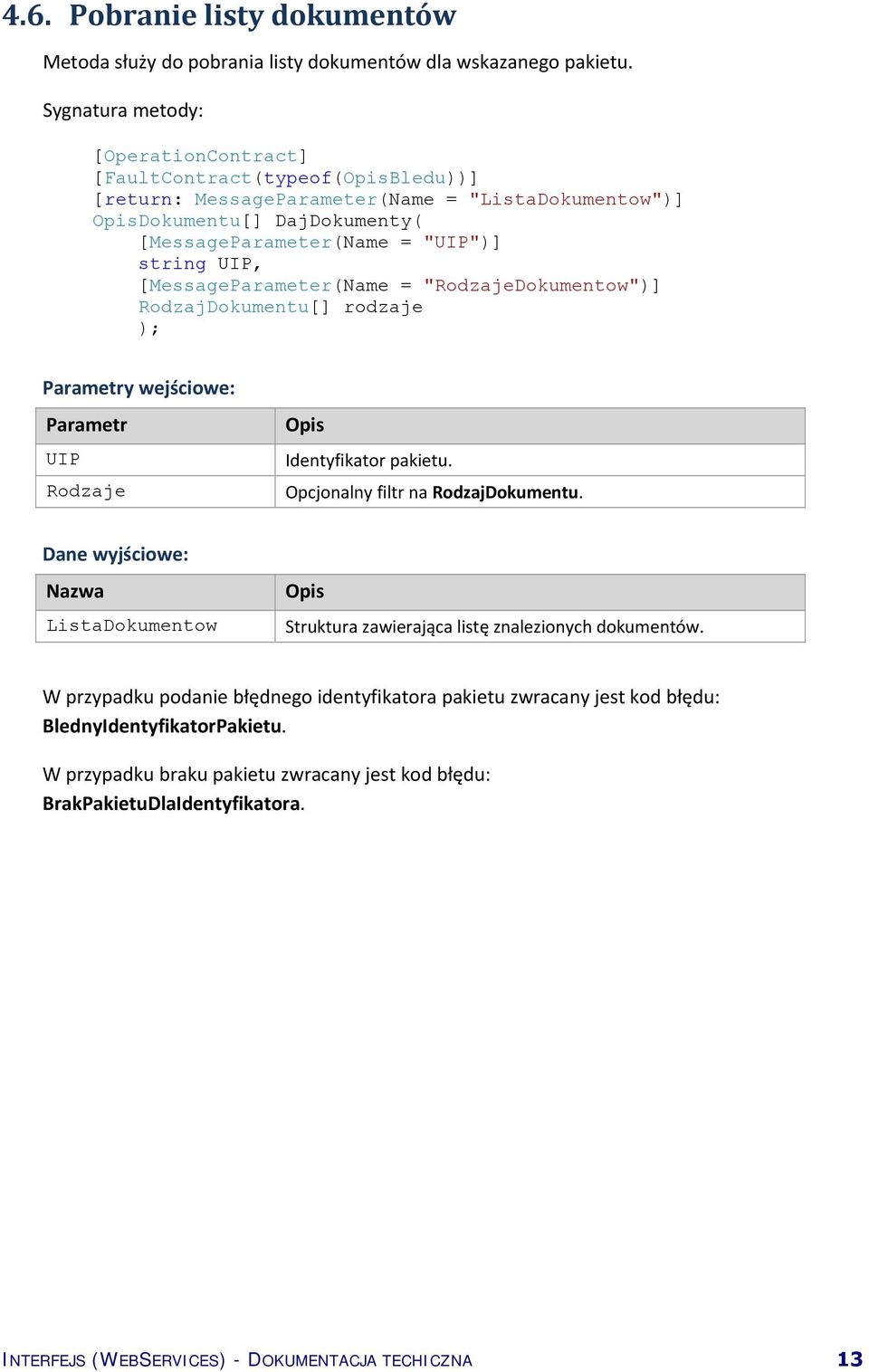 "RodzajeDokumentow")] RodzajDokumentu[] rodzaje ); Parametr UIP Rodzaje Identyfikator pakietu. Opcjonalny filtr na RodzajDokumentu.