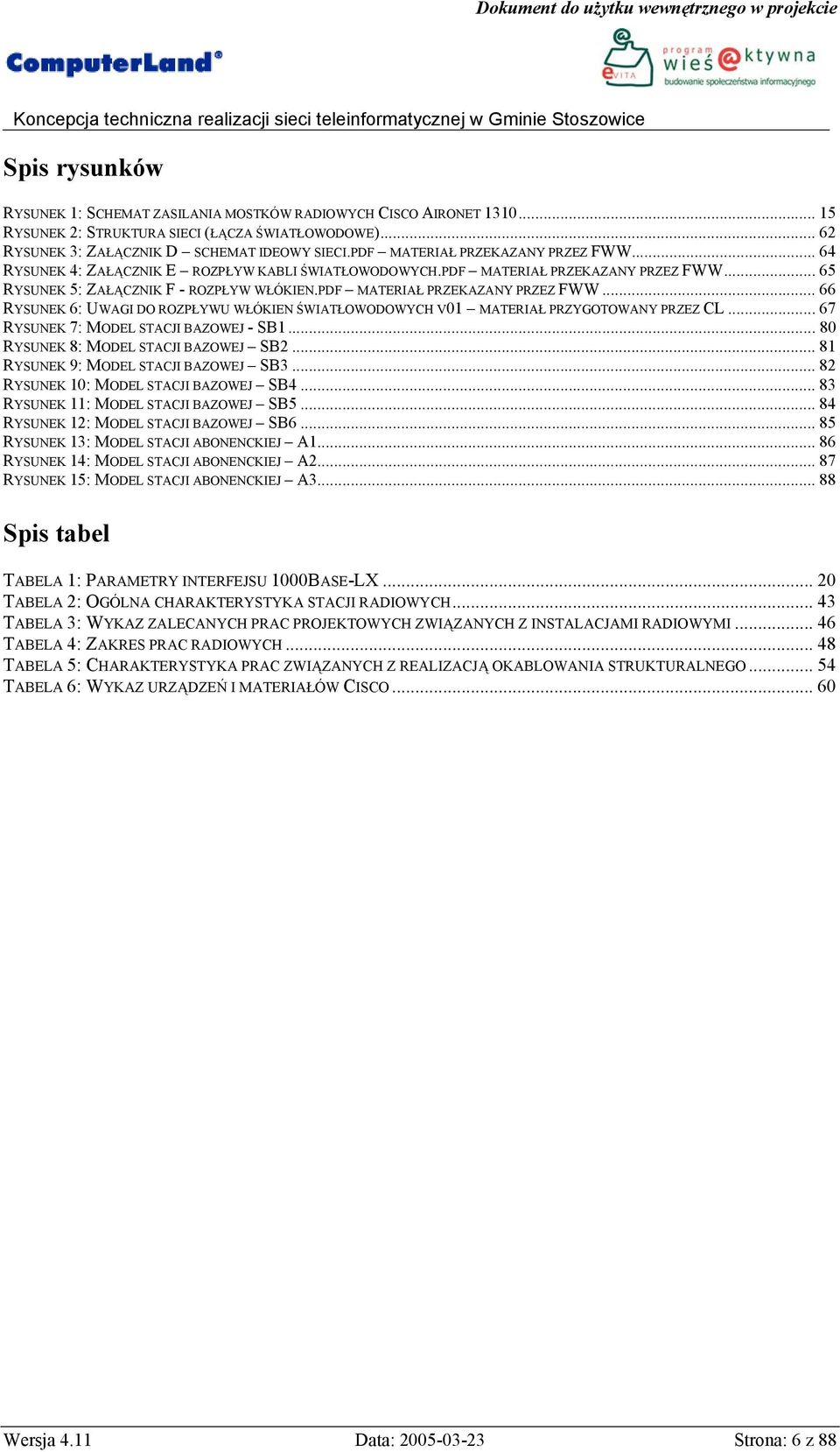 PDF MATERIAŁ PRZEKAZANY PRZEZ FWW... 66 RYSUNEK 6: UWAGI DO ROZPŁYWU WŁÓKIEN ŚWIATŁOWODOWYCH V01 MATERIAŁ PRZYGOTOWANY PRZEZ CL... 67 RYSUNEK 7: MODEL STACJI BAZOWEJ - SB1.