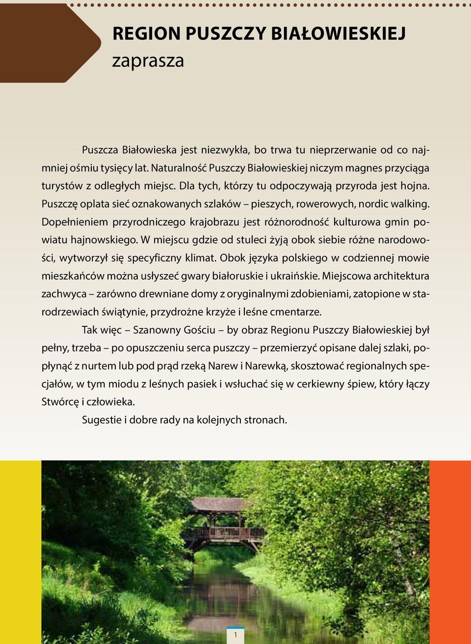 Puszczę oplata sieć oznakowanych szlaków pieszych, rowerowych, nordic walking. Dopełnieniem przyrodniczego krajobrazu jest różnorodność kulturowa gmin powiatu hajnowskiego.